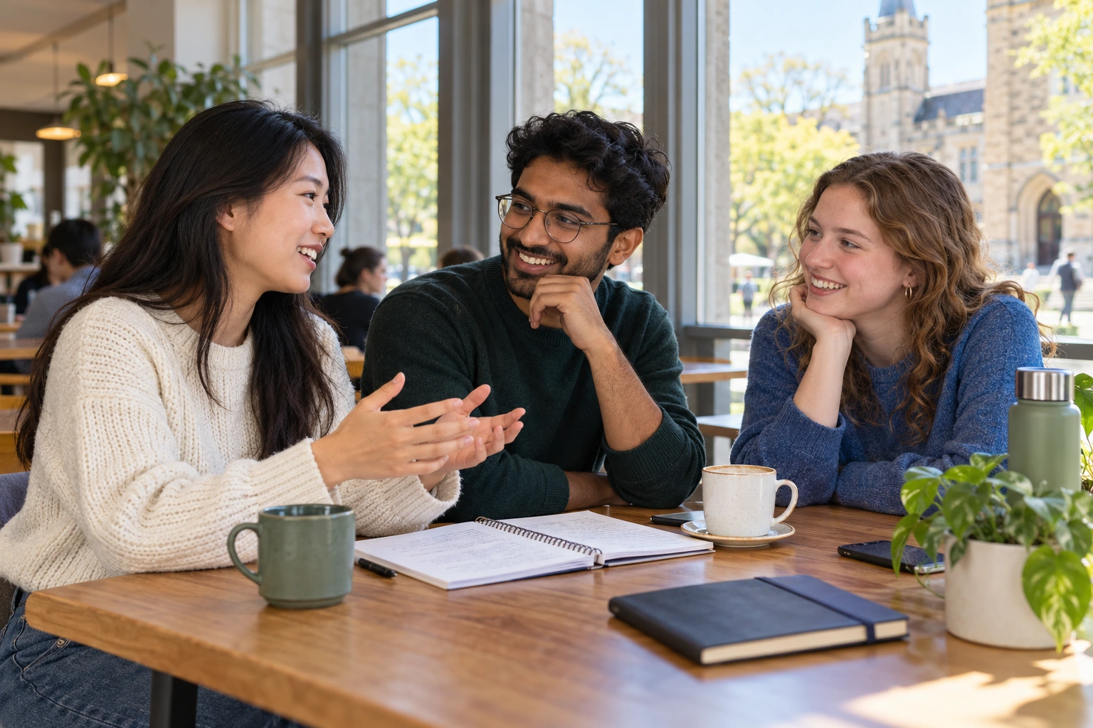 Illustration of students talking together in a campus café