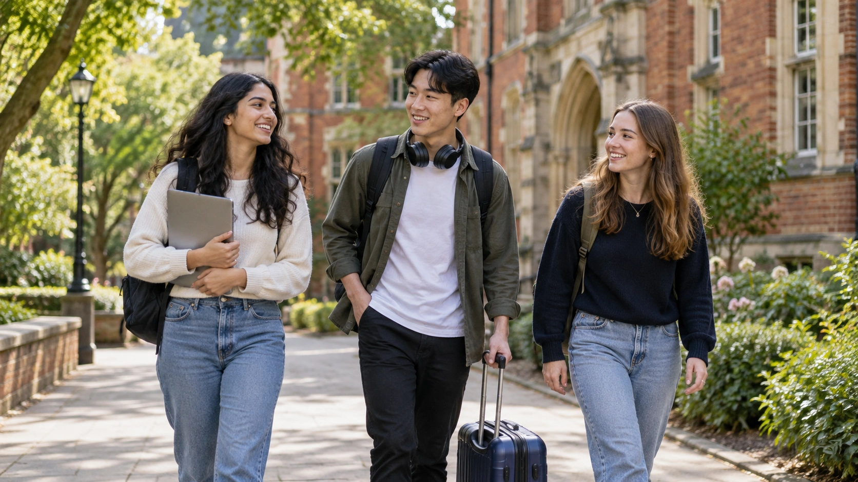Illustration of students walking with luggage on a UK-style campus